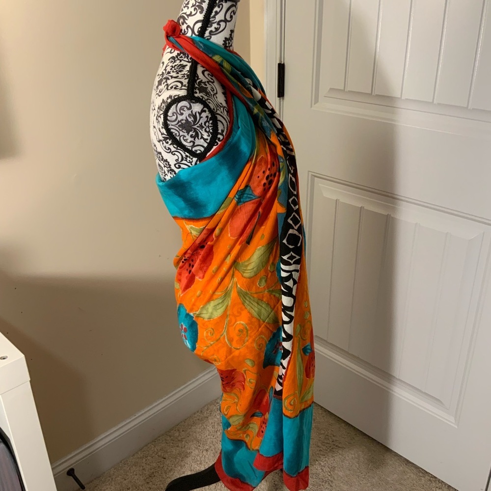 Vibrant Orange, Teal & Red Floral Scarf - Picture 4 of 5
